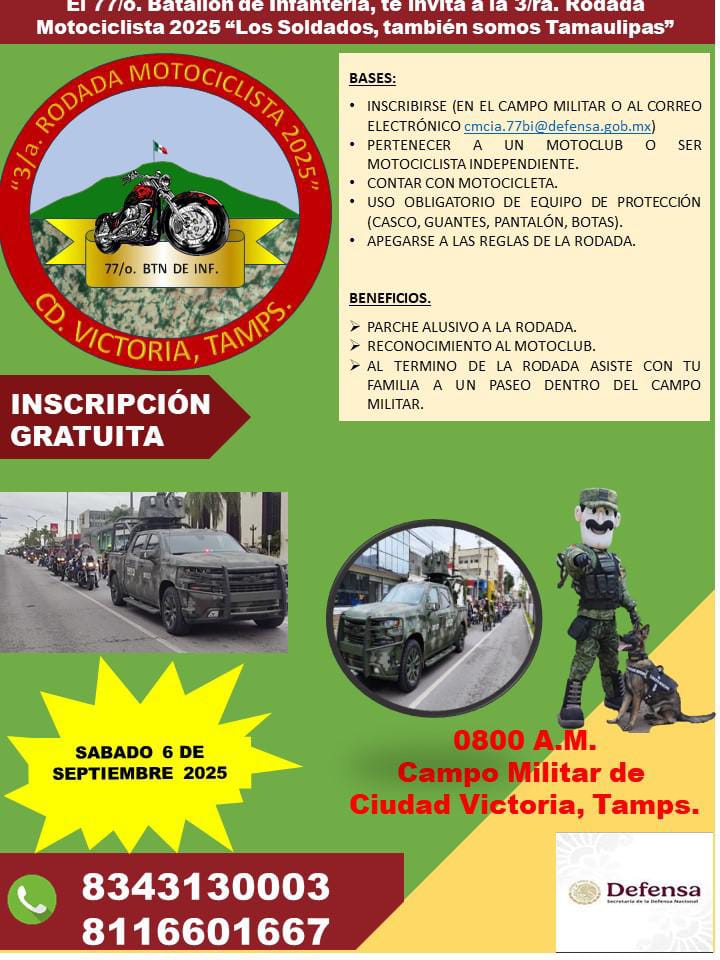 Invita SEDENA a Tercera Rodada Motociclista en&nbsp;Victoria.
